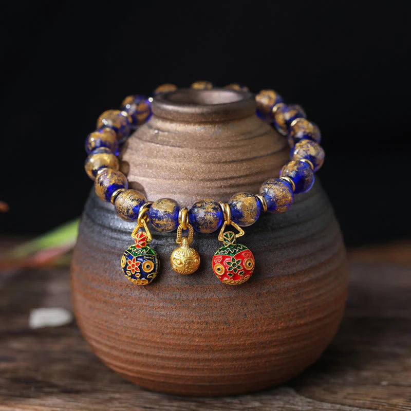 Buddha Stones Gold Swallowing Beast Family Charm Gold Silver Foil Liuli Glass Bead Blessings Bracelet