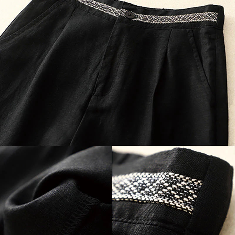 Buddha Stones Summer Plain Color 7-8 Length Cotton Linen Women's Wide Leg Pants With Pockets Zipper