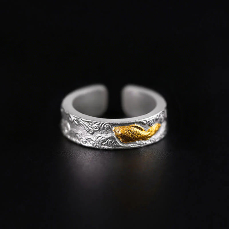 Buddha Stones 999 Sterling Silver 999 Gold Koi Fish Auspicious Clouds Luck Ring