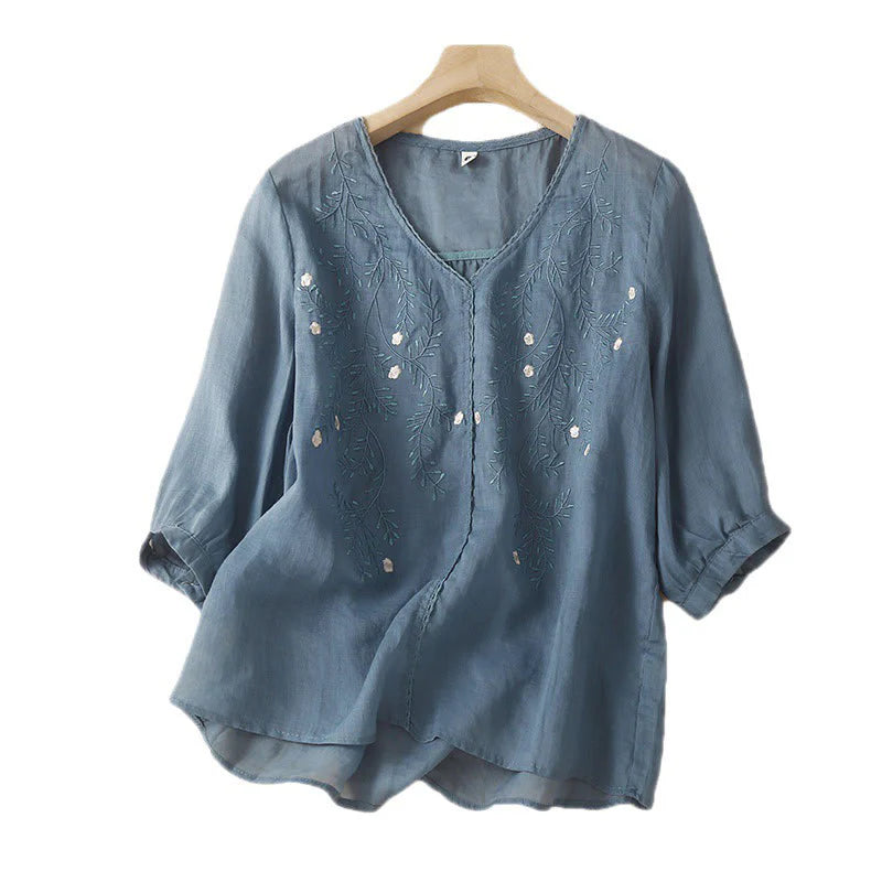 Buddha Stones Summer Casual Flower Branches Embroidered Pattern V-Neck Half Sleeve Cotton Linen Women's T-shirt