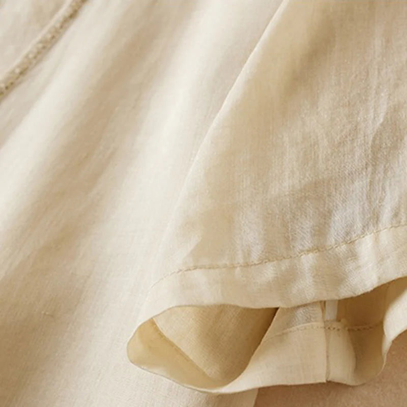 Buddha Stones Retro Plain Fake Two Pieces Button Half Sleeve Design Women's Cotton Linen Shirt