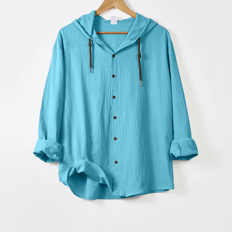 Buddha Stones Solid Color Long Sleeve Hooded Drawstring Buttons Cotton Men's Shirt