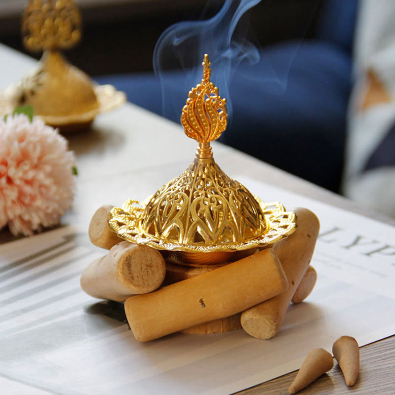 Buddha Stones Gold Alloy Healing Mini Incense Burner With Wooden Coaster Home Decor