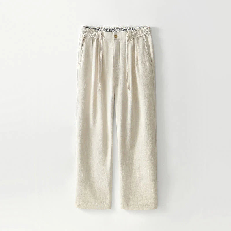 Buddha Stones Fall Solid Drawstring Zipper Men's Linen Wide Leg Pants With Pockets