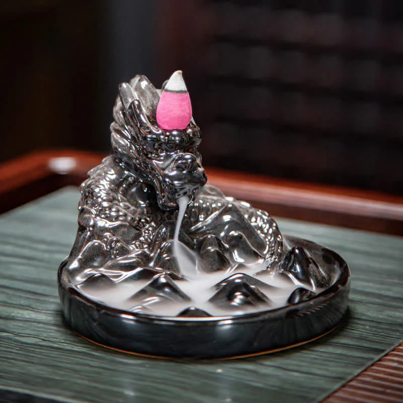 Dragon Pattern Ceramic Backflow Smoke Fountain Incense Burner Decoration (Extra 35% Off | USE CODE: FS35)