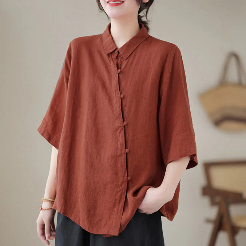 Buddha Stones Lapel Frog-Button Diagonal Placket Design Three Quarter Sleeve Women's Cotton Shirt
