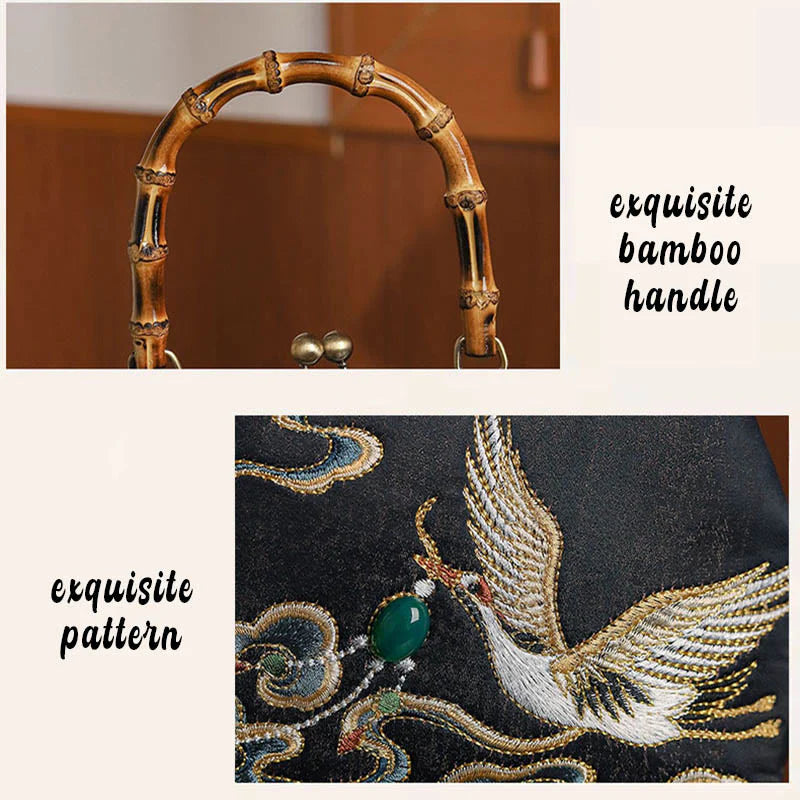 Buddha Stones Auspicious Clouds Cranes Embroidery Bamboo Handle Handbag Crossbody Bag