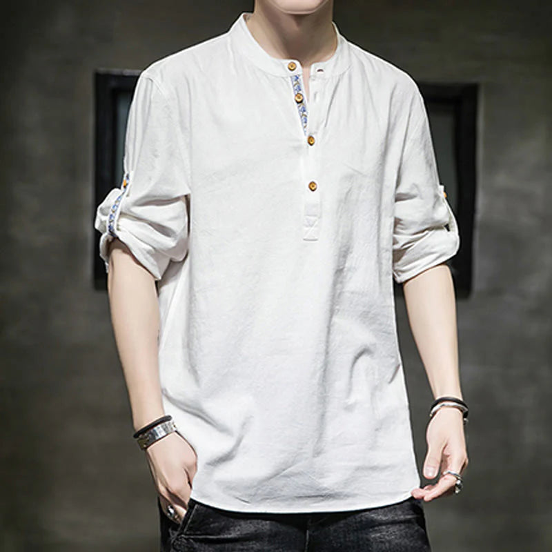 Buddha Stones Summer Solid Men's Half Buttons Half Sleeve Linen Shirt