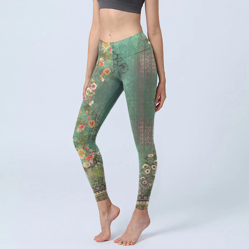 Buddha Stones Vintage Floral Garland Lace Damask Pattern Print Gym Leggings Women's Yoga Pants