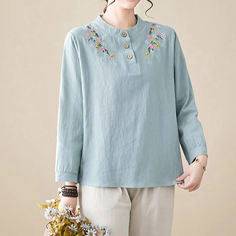 Buddha Stones Spring Plain Embroidered Flower Pattern Button Women's Long Sleeve Cotton Lapel Shirt
