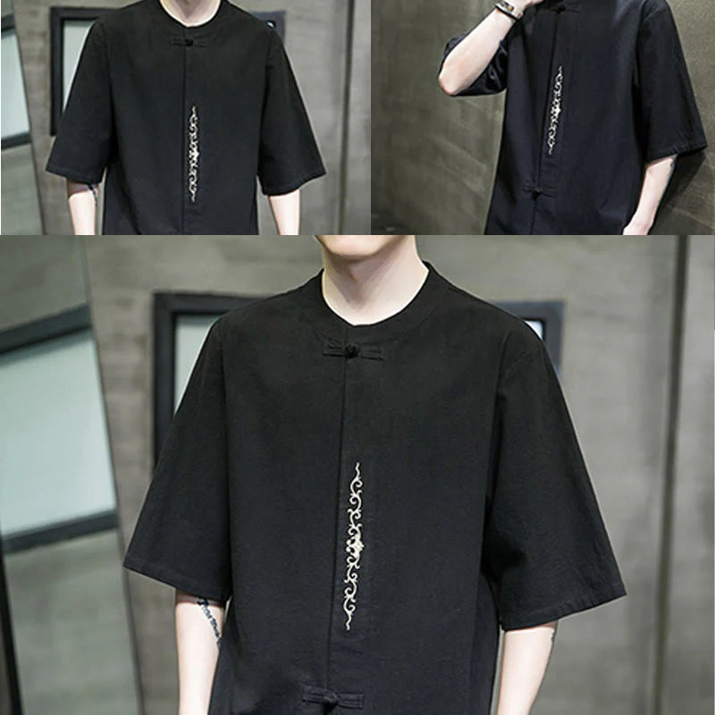 Buddha Stones Casual Solid Color Frog-Button Embroidery Men's Cotton Linen Shirt Cardigan