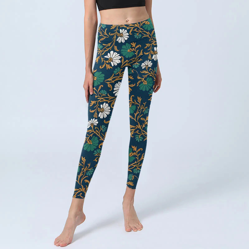 Buddha Stones Retro Pastoral Style Flowers Vines Pattern Print Gym Leggings Women's Yoga Pants