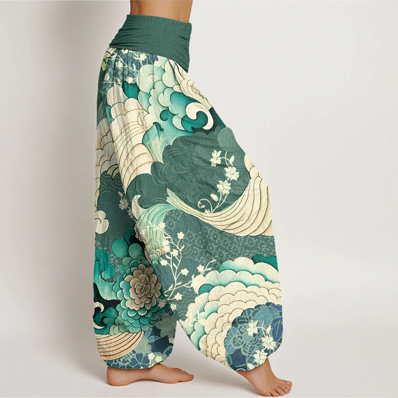 Buddha Stones Cotton Flower Wave Pattern Women's Elastic Waist Harem Pants