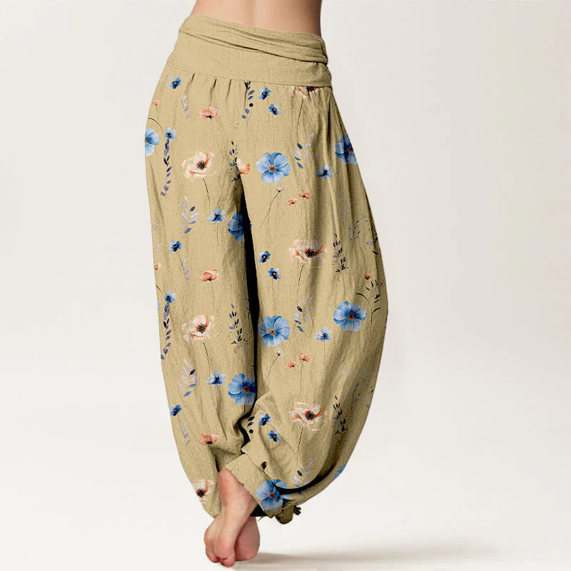 Buddha Stones Cotton Fresh Refined Flower Pattern Women's Elastic Waist Harem Pants
