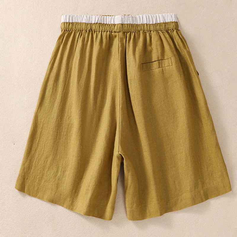 Buddha Stones Solid Color Contrast Color Waist Lace-up Cotton Linen Women's Shorts With Pockets
