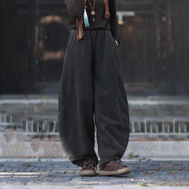 Buddha Stones Winter Elastic Waist Ramie Cotton Thermal Women's Pants With Pockets