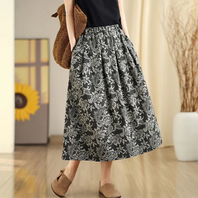 Buddha Stones Printing Flower Paisley Pattern A-line Elastic Waist Cotton Women's Skirt With Pockets