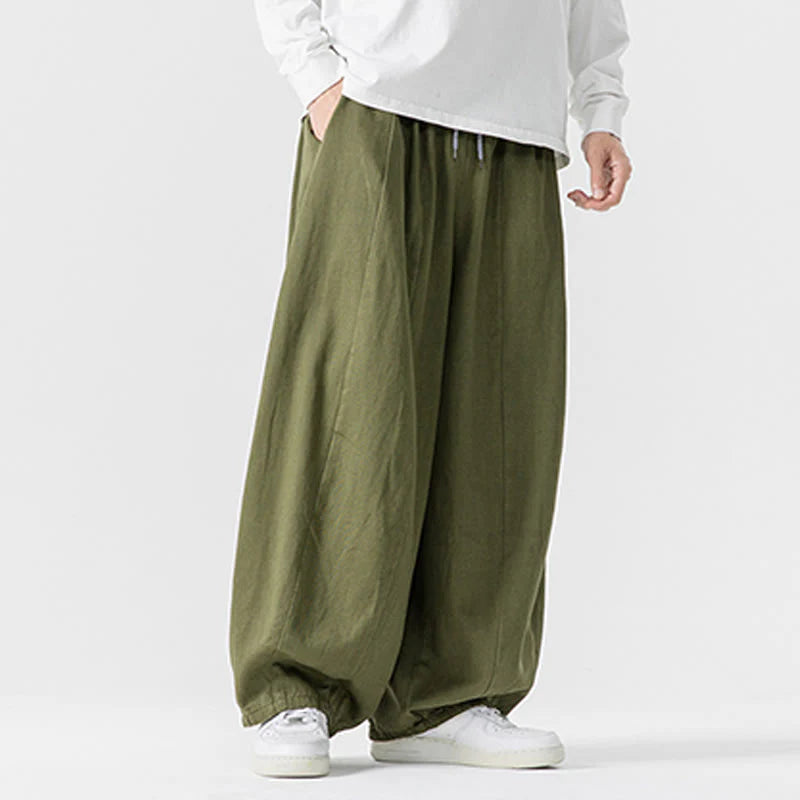 Buddha Stones Winter Commute Plain Drawstring Design Men's Wide Leg Cotton Pants With Pockets