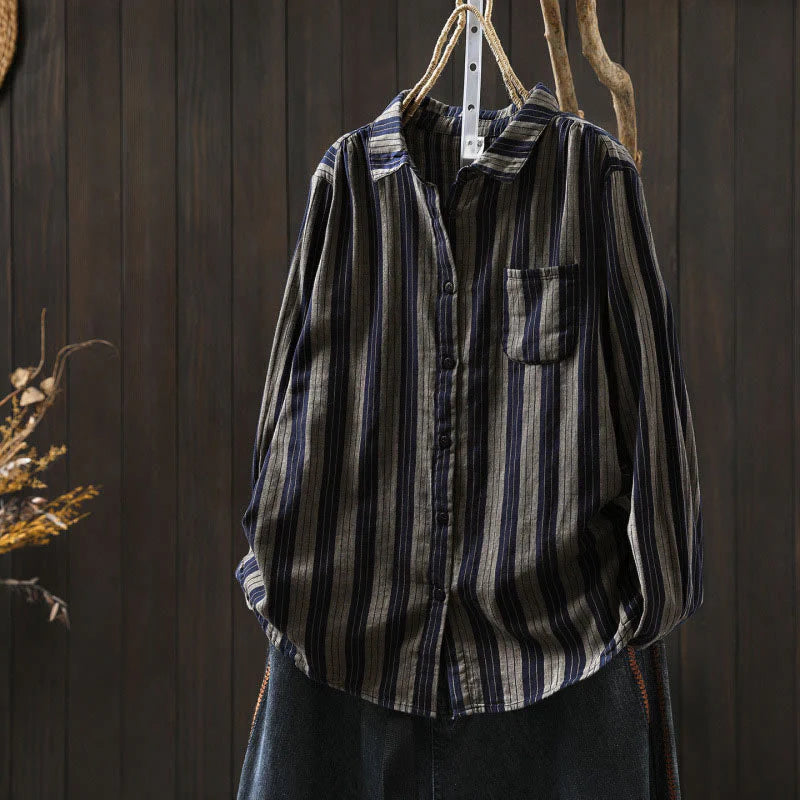 Buddha Stones Fall Vertical Stripes Button Down Stand Collar Long Sleeve Women's Cotton Shirt