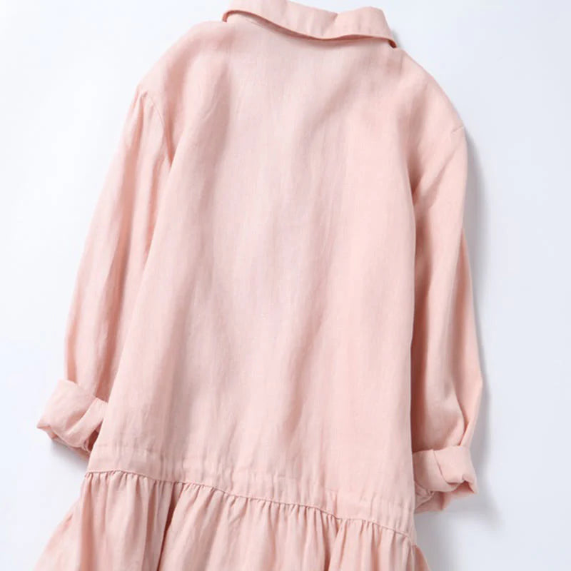 Buddha Stones Fall Embroidery Button Design Cotton Linen Long Sleeve Midi Dress With Pockets