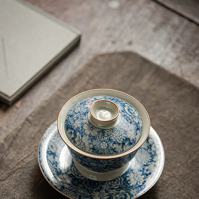 Buddha Stones Vintage Blue And White Porcelain Peach Blossom Lotus Peony Ceramic Gaiwan Sancai Teacup Kung Fu Tea Cup And Saucer With Lid