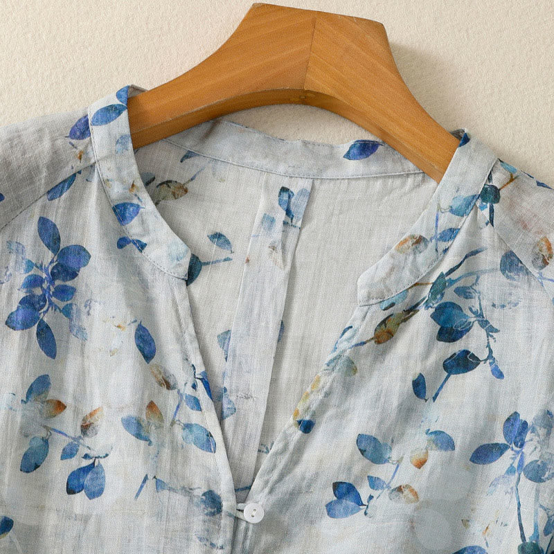 Buddha Stones Blue Floral V-Neck Three Quarter Sleeve Women's Cotton Shirt