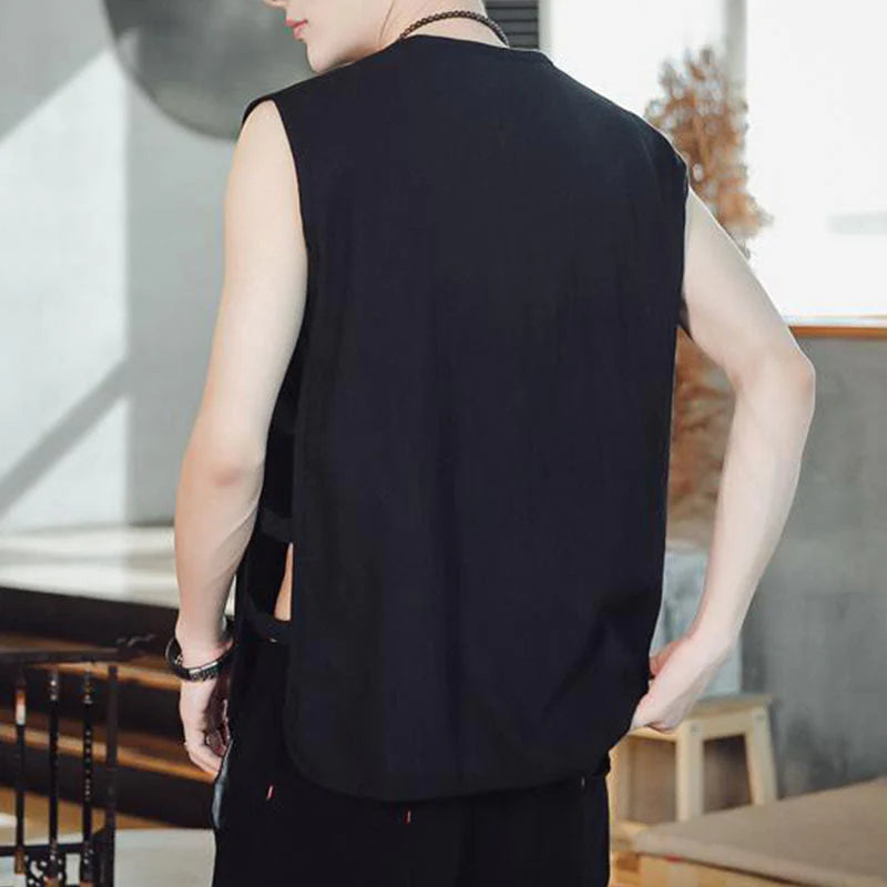 Buddha Stones Casual Chinese Frog-Button Men's Cotton Vest Waistcoat With Pockets