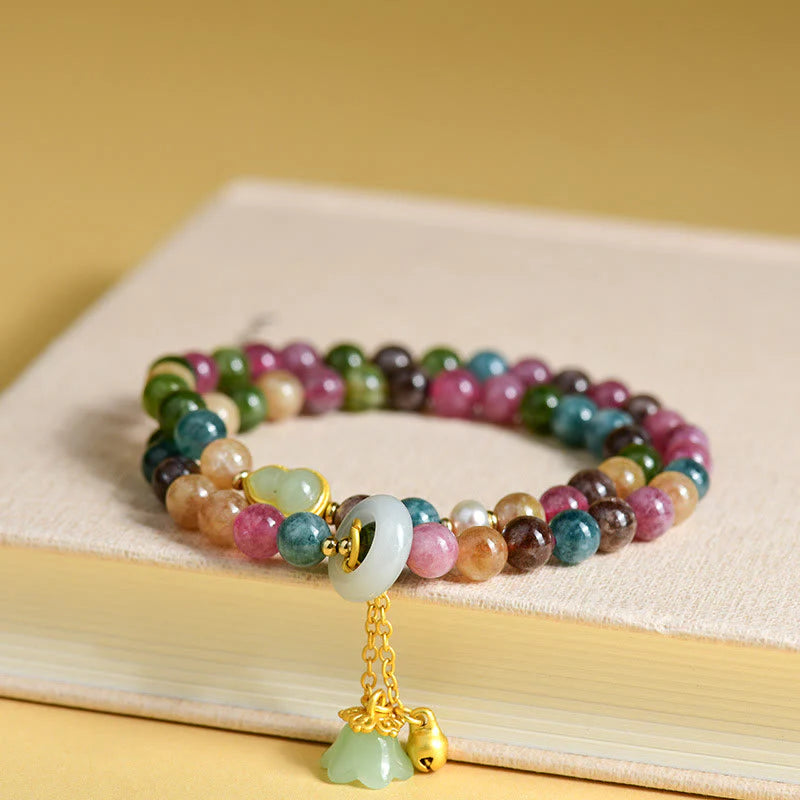 Buddha Stones Multicolored Tourmaline Gourd Wisdom Double Wrap Lily Of The Valley Charm Bracelet