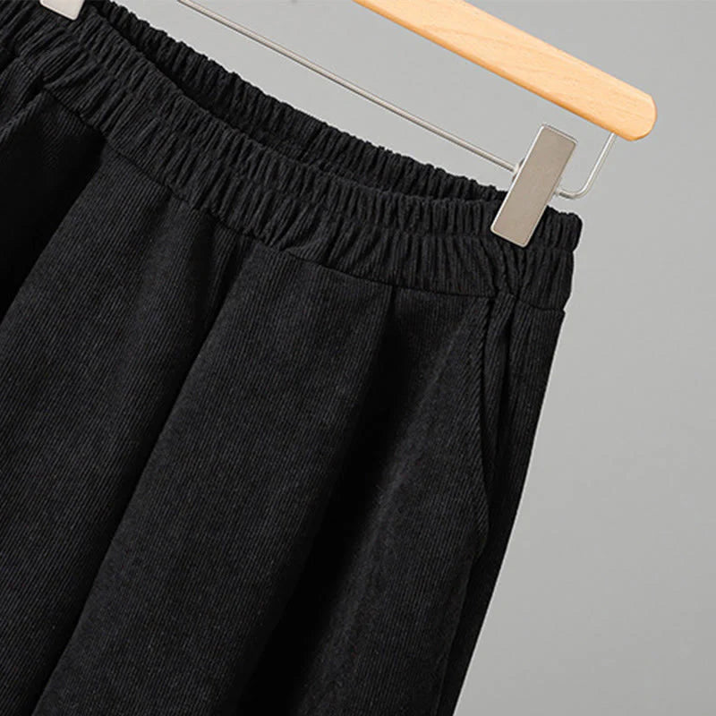 Buddha Stones Plain Elastic Waist Patchwork Plaid Women's Ankle-Length Wide Leg Corduroy Pants