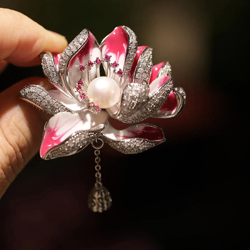 Buddha Stones Lotus Flower Pearl New Beginning Copper Brooch