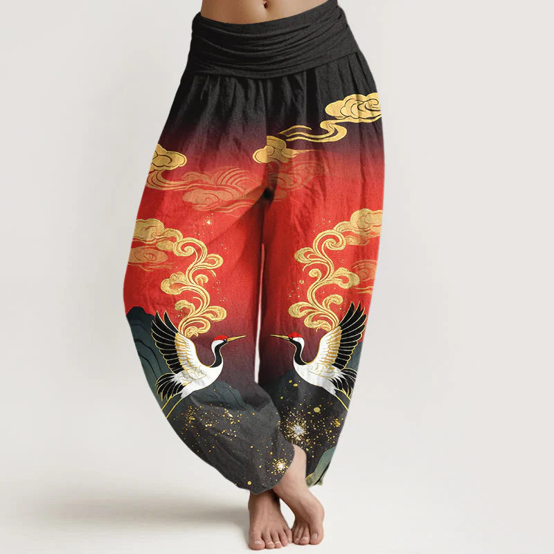Buddha Stones Pure Cotton Colorful Crane Cloud Mountain Pattern Women's Elastic Waist Harem Pants
