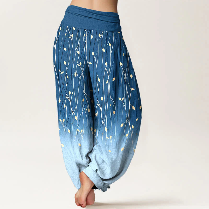 Buddha Stones Branches Leaves Pattern Gradient Women's Elastic Waist Pure Cotton Harem Pants
