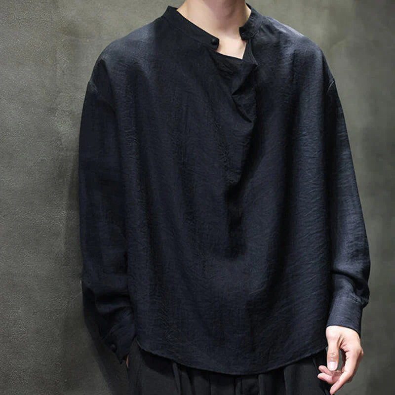 Buddha Stones Spring Solid Color Pleated Stand Collar Design Tang Suit Men's Long Sleeve Linen Shirt