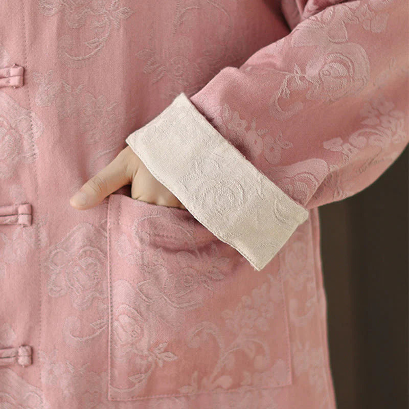 Buddha Stones Fall Floral Print Frog-Button Stand Collar Long Sleeve Women's Cotton Shirt