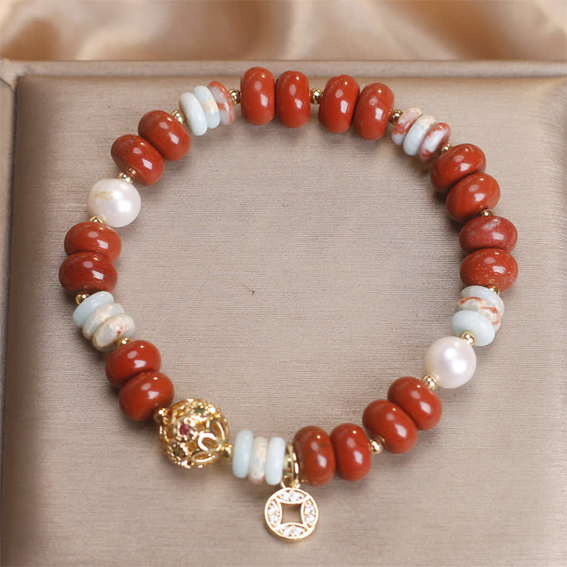 Buddha Stones Red Jasper Shoushan Stone Abacus Beads Copper Coin Protection Bracelet