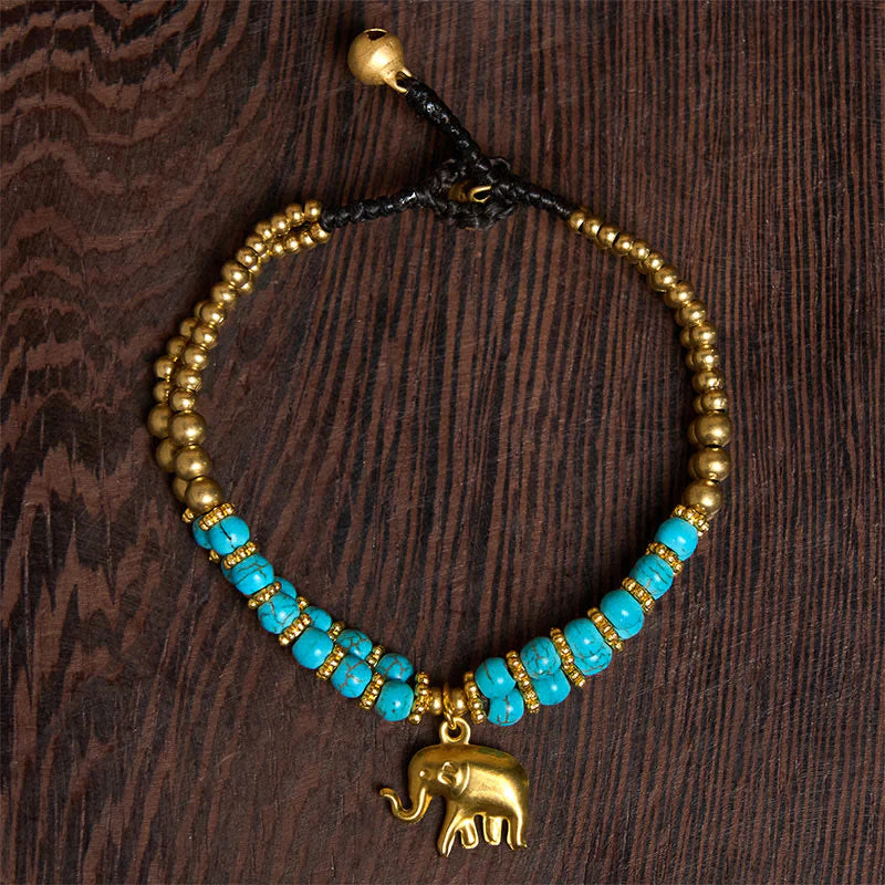 Buddha Stones Turquoise Elephant Luck Double-layer Plated Copper Strength Bracelet