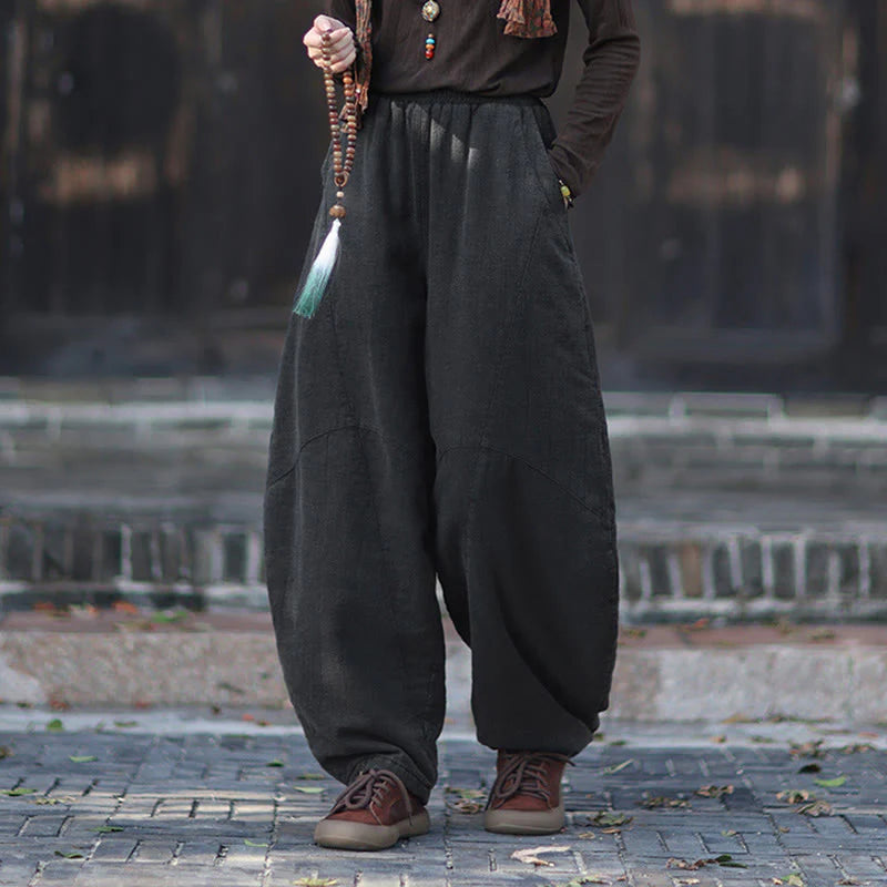 Buddha Stones Winter Elastic Waist Ramie Cotton Thermal Women's Pants With Pockets