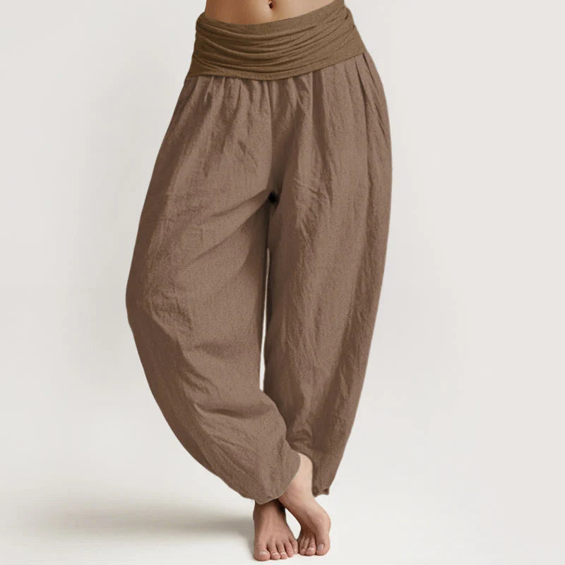 Buddha Stones Pure Cotton Plain Tan Women's Elastic Waist Harem Pants