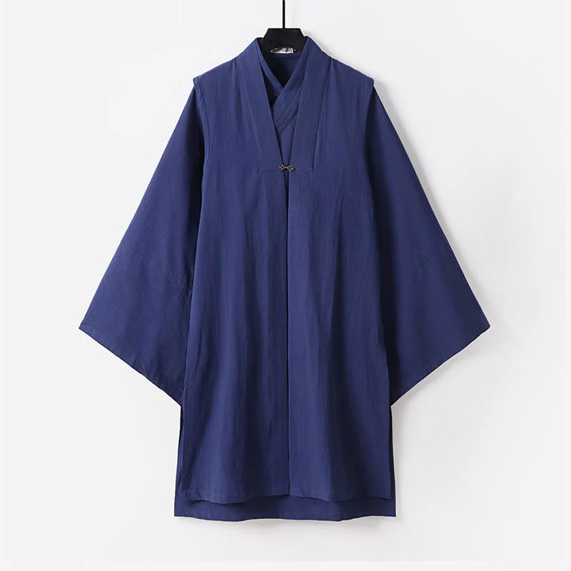 Buddha Stones 2Pcs Fall Solid Long Sleeve Men's Taoist Long Robe Lace-up Kimono Sleeveless Vest Qigong Ceremony Suit