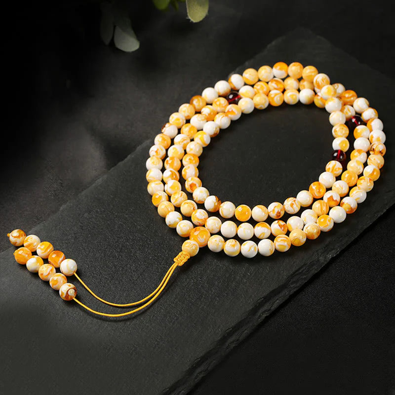 FREE Today: Focus and Spiritual Practice Tibetan White Yellow 108 Beads Amber Mala
