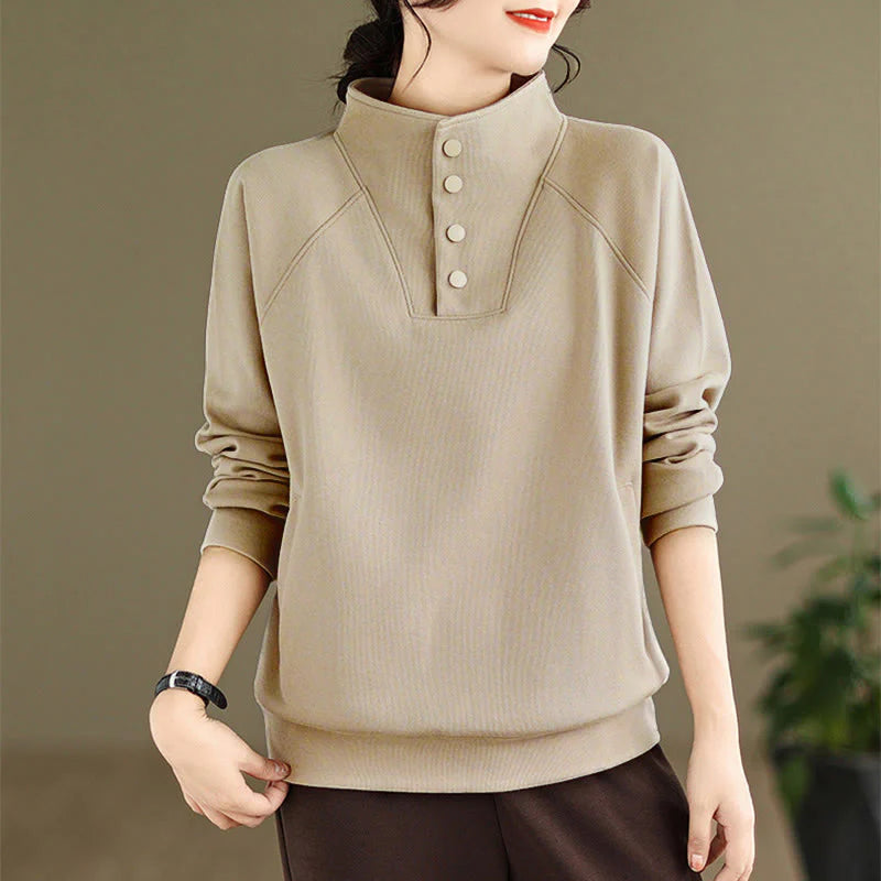 Buddha Stones Fall Solid Stand Collar Buttons Design Long Sleeve Women's Cotton Sweatshirt