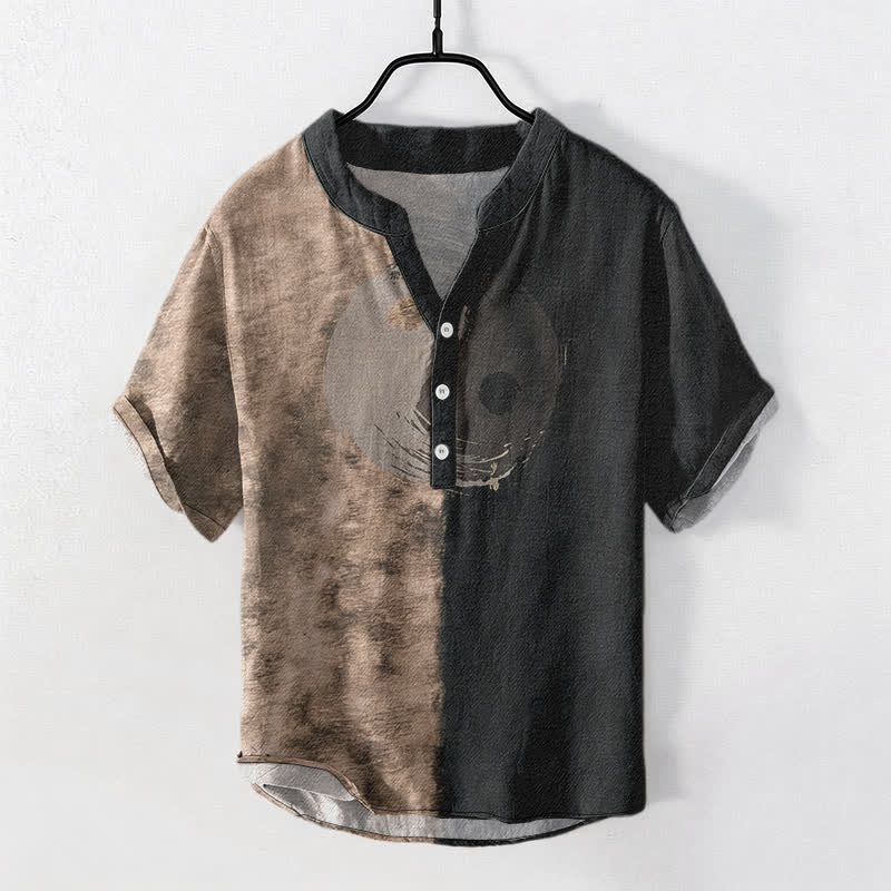 Buddha Stones Cotton Two Tone Taiji Ink Print Men's Short Sleeve Half Button Shirt