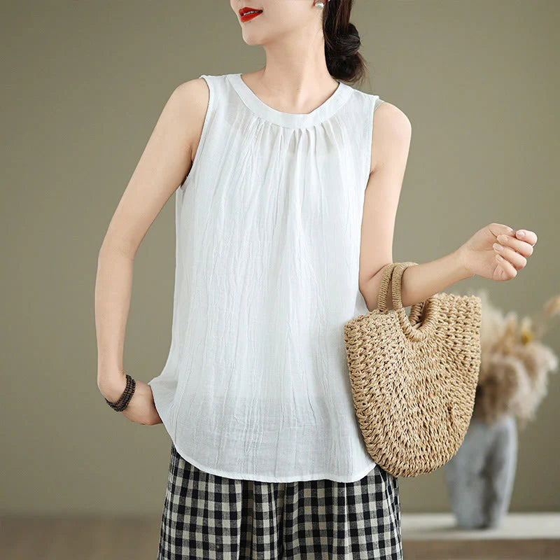 Buddha Stones Summer Wrinkles Simple Design Crew Neck Cotton Linen Women's Sleeveless Vest Waistcoat