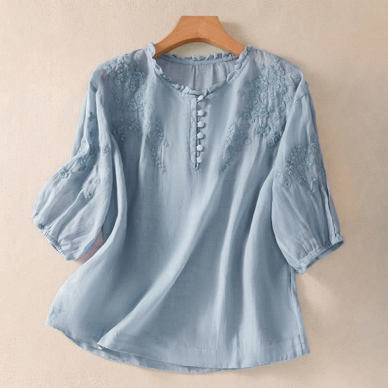 Buddha Stones Casual Plain Button Floral Embroidered Design Puff Half Sleeve Women's Shirt