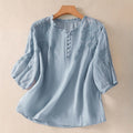 Buddha Stones Casual Plain Button Floral Embroidered Design Puff Half Sleeve Women's Shirt