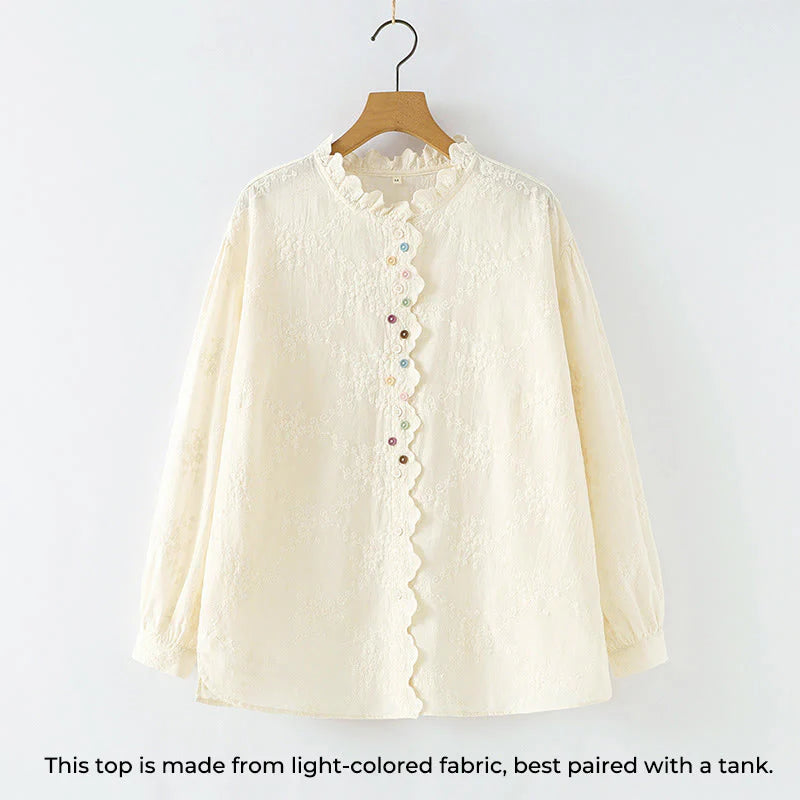 Buddha Stones Fall Ruffled Collar Embroidered Relief Flower Buttons Women's Cotton Long Sleeve Shirt