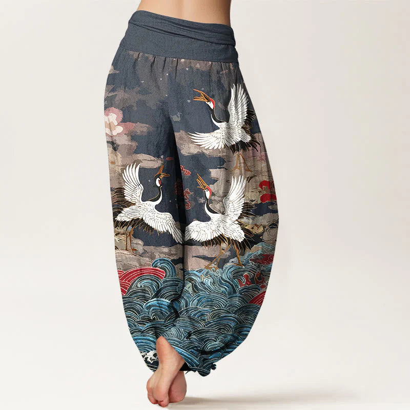 Buddha Stones Cotton Classic Crane Waves Cloud Pattern Women's Elastic Waist Harem Pants