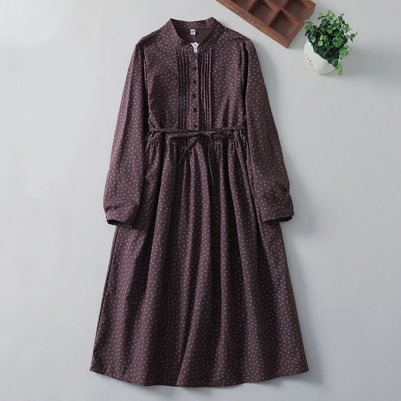 Buddha Stones Printing Floral Accordion Pleats Cotton Linen Long Sleeve Midi Dress With Pockets