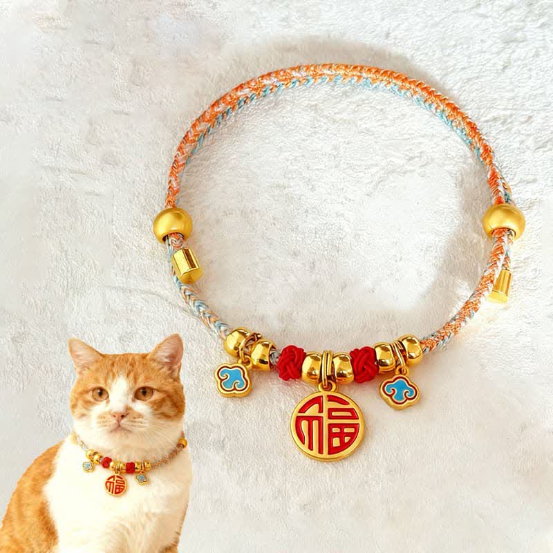Buddha Stones Colorful String Bead Plaited Fu Character Protection Adjustable Cats Dogs Pet Collar