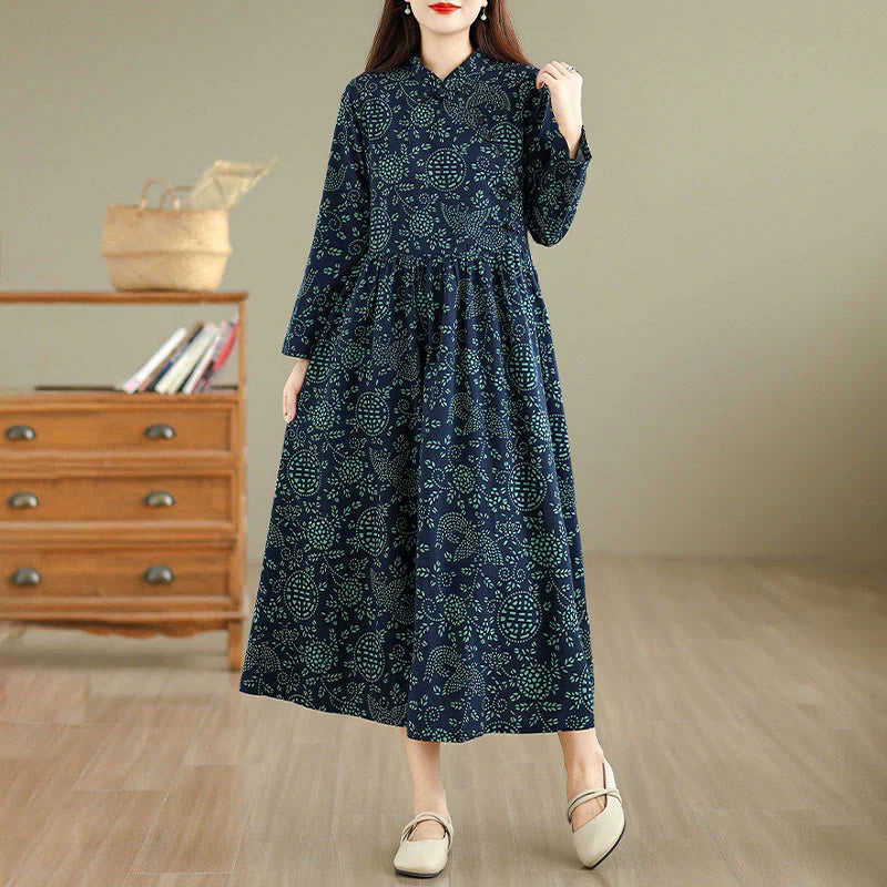 Buddha Stones Printed Floral Long Sleeve Stand Collar Cotton Maxi Dress With Pockets